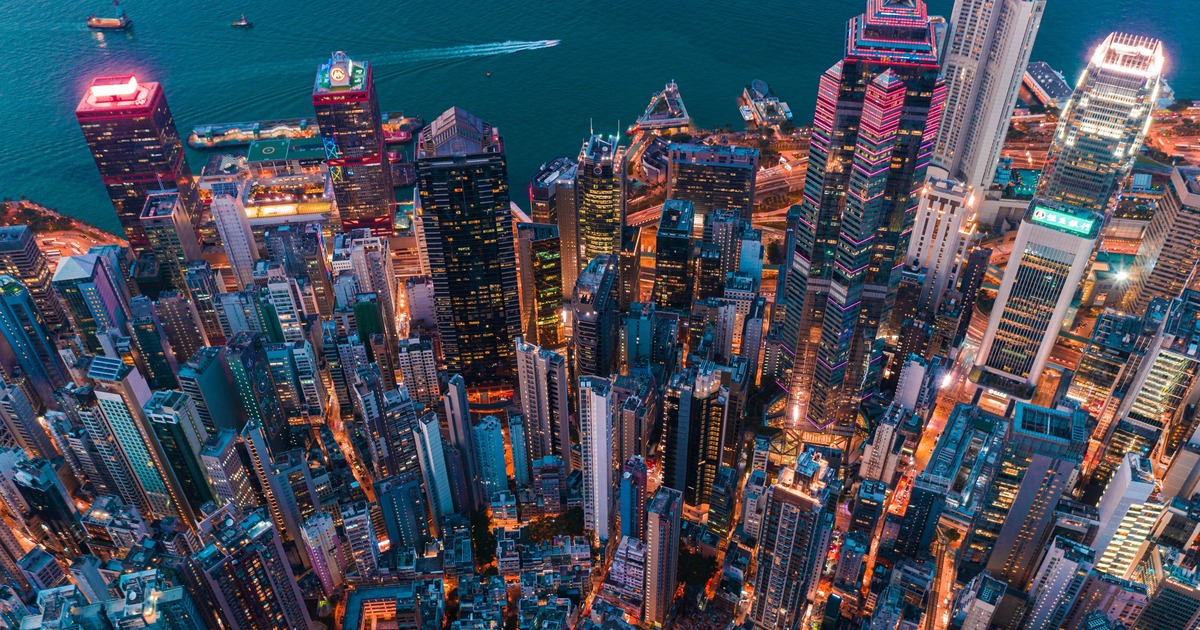 Aerial drone shot of Central district in Hong Kong HITRECORD Image
